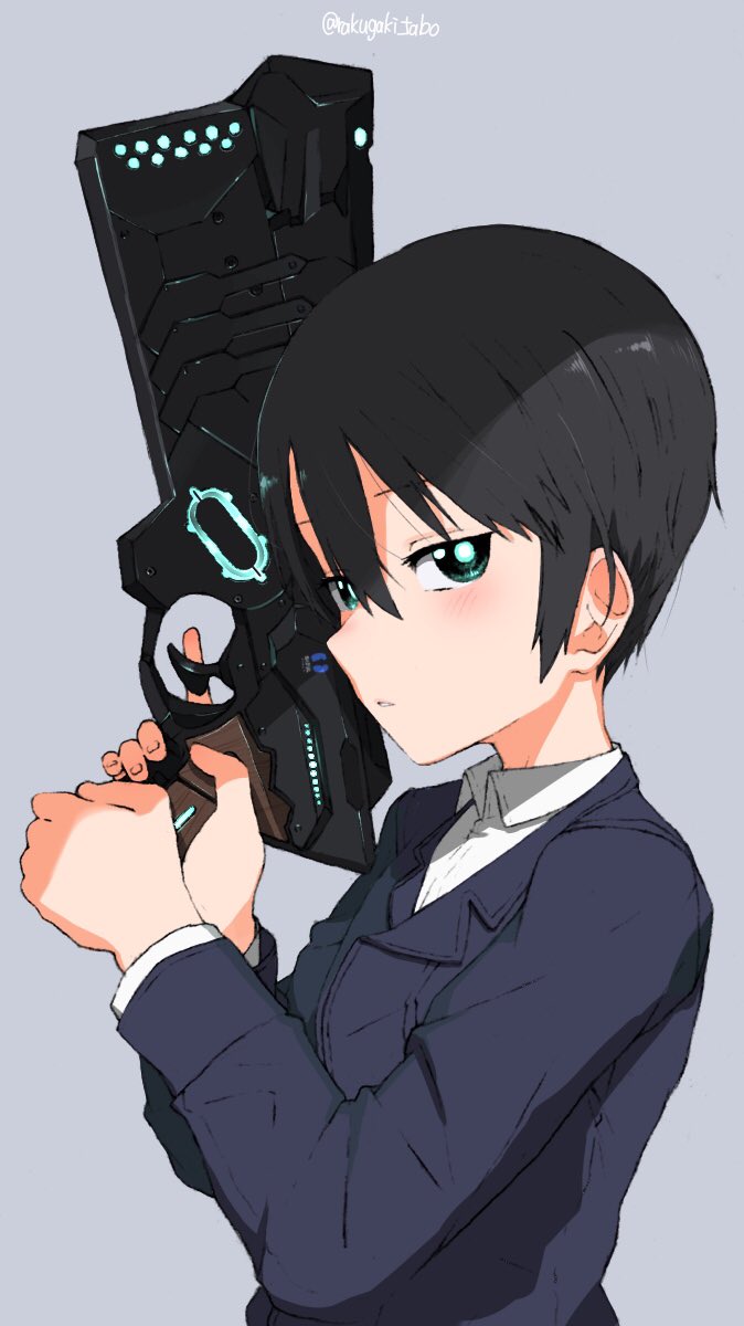 kino (kino no tabi) 1girl solo short hair weapon gun black hair looking at viewer  illustration images