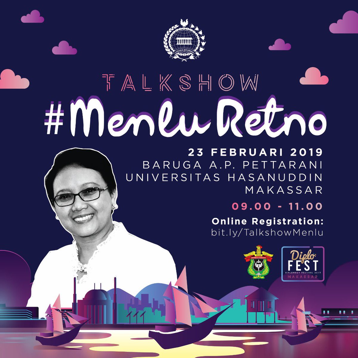 Kemlu_RI's tweet photo. #SahabatKemlu ingin tahu seluk beluk diplomasi Indonesia atau penasaran dg kebijakan Politik Luar Negeri kita? 

Yuk kita diskusi langsung dg #MenluRetno di #DiploFest Makassar! 

Tempat terbatas. Ayo daftarkan dirimu segera di https://t.co/NMZiilUo1s #IniDiplomasi https://t.co/W3UfovwOkh