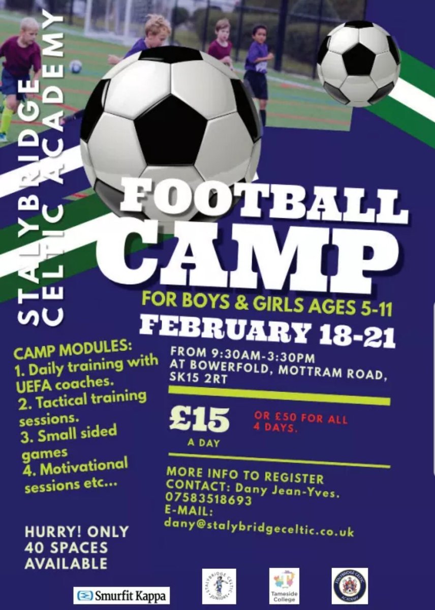 StalyCeltic_Ac's tweet photo. 2 days to go &amp; we can’t wait! 
Book the final few remaining spaces for next weeks February Half Term Football Camp. 

4 FUN-FILLED DAYS OF FOOTBALL GUARANTEED https://t.co/w9jBpnR0QF