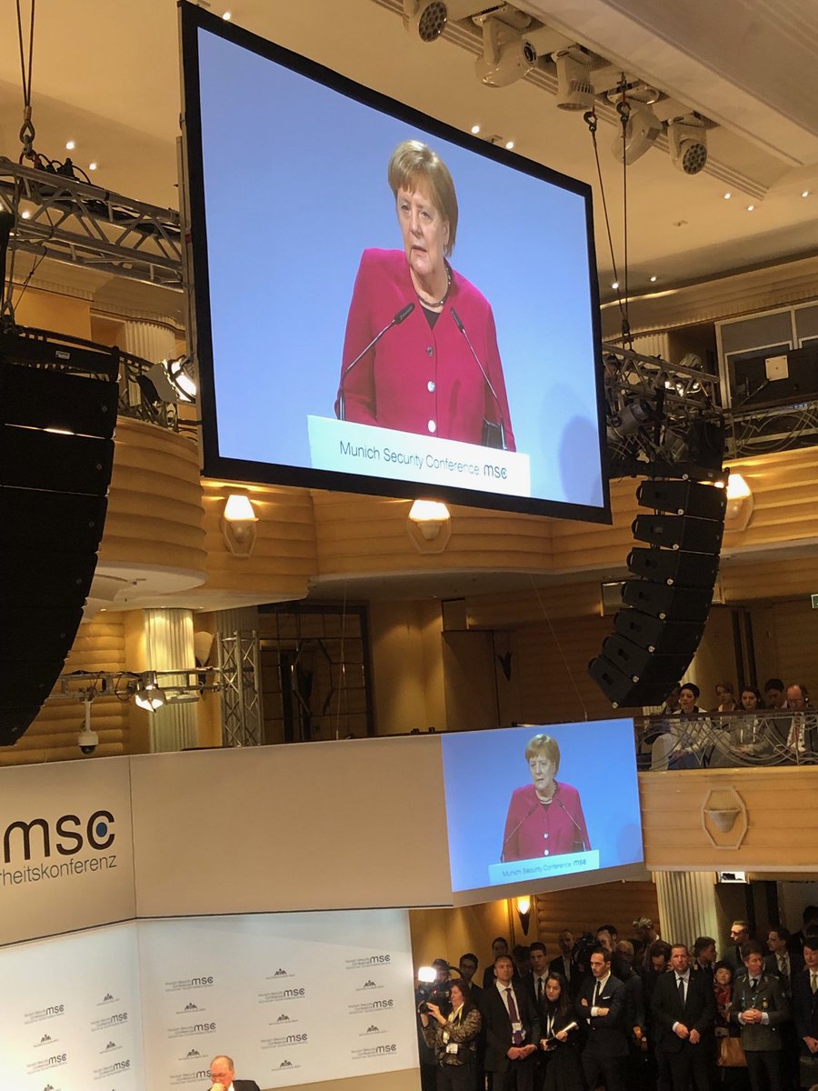 Merkel rips isolationism. How can BMWs built in South Carolina be a threat to US national security?   How does unilateral US withdrawal from Syria not help Iran? It’s up to us to work together not stand alone.  #MSC2019