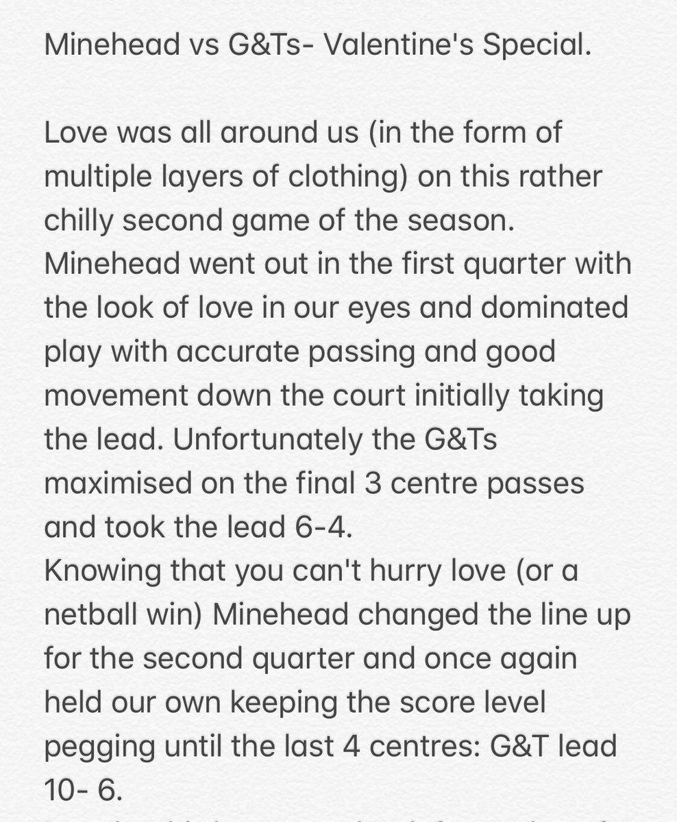 MineheadNetball's tweet photo. A match report so good it’s in two parts! 
 
Here’s our valentines special match report written by player of match Kelly! 

🏐❤️🌹❤️🏐 https://t.co/El5XoE90de