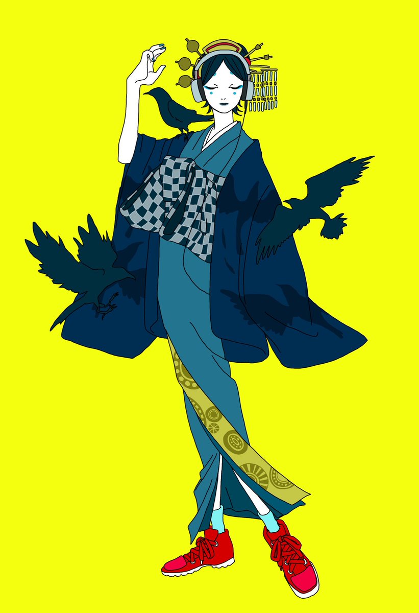 yellow background solo japanese clothes 1girl kimono simple background bird  illustration images