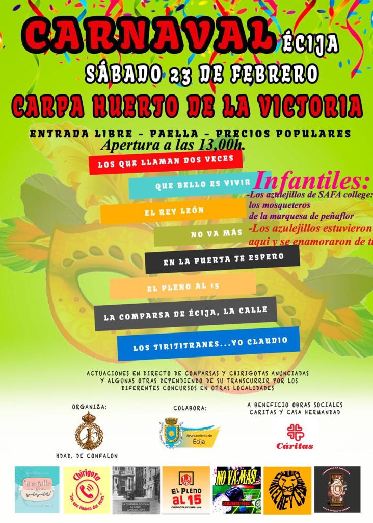 No se perdáis el próximo  Sábado 23 la Fiesfa de Carnaval organizada por <a href="/Hdad_Confalon/">Hermandad de Confalón</a> a Beneficio de Cáritas. Entrada Gratuita!!