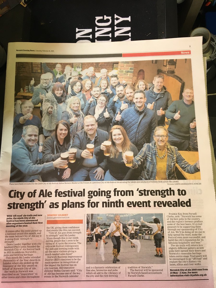 Hear all about it! A nice snap of the @CityOfAle gang in the <a href="/EveningNews/">Norwich Evening News</a> today. The Festival is from 23rd May - 2nd June. The big question however, is are there going to be bacon rolls at the next meeting like the last one <a href="/murderersphil/">Murderers Pub - Norwich</a>? #cityofale #norwichmarket