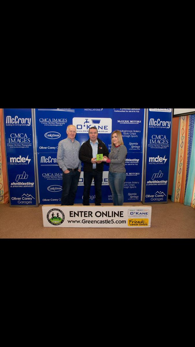 greencastle5's tweet photo. The organisers of the annual Greencastle Boxing Day Five Mile Road Run made presentations to the Sponsors of our event.  Pictured below Brian McCullagh representing our Main Race Sponsor O'Kane Plumbing and Electrics Ltd along with organisers Oliver McCullagh and Tish McElduff. https://t.co/yjDFfKrhII