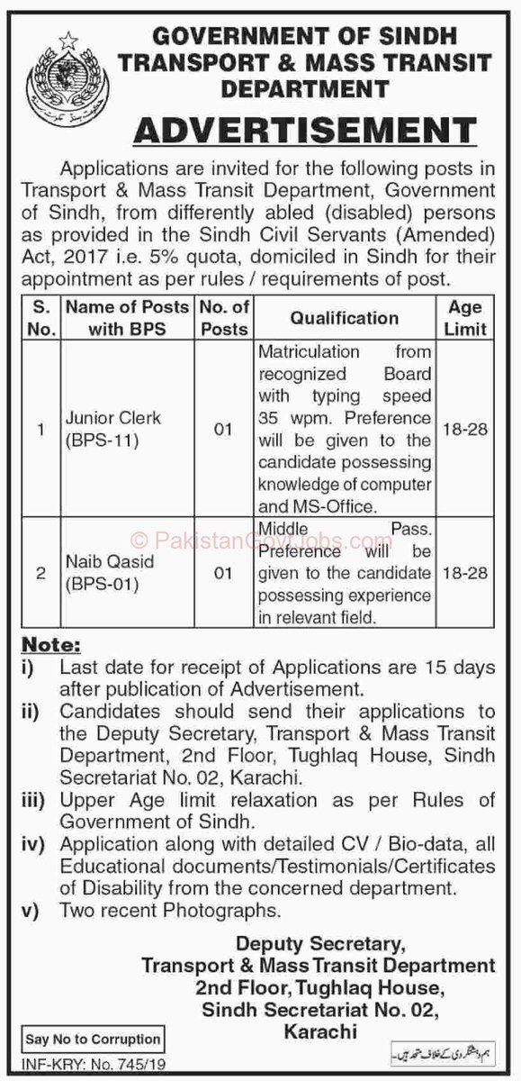 Transport And Mass Transit Department Govt Of Sindh Jobs Feb 2019 pakistangovtjobs.com/transport-and-…