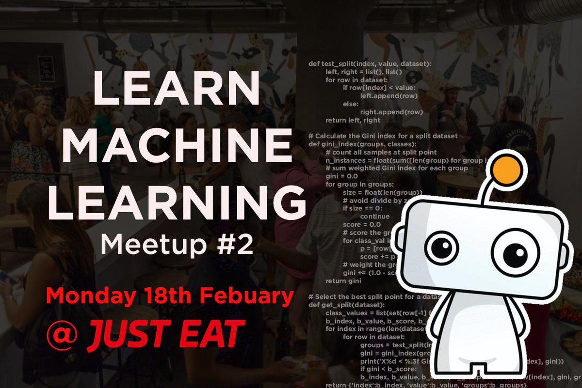 LearnMachineLe2's tweet image. Looking forward to seeing everyone at our next meetup on monday 18th Feb. Thank you to @justeat_tech for providing the food, venue and speakers.