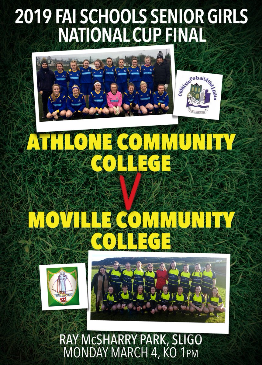 👉 #MatchDay March Madness! 👊
🏆 FAI Schools Senior Girls National Cup FINAL
🎓 Under 20
🎙 M A T C H D A Y 
⚽️ <a href="/CCAthlone/">Athlone Community College</a> 🆚 <a href="/movillecc/">MovilleCC</a> 
📆 Monday, March 4, 2019
⏰ 1pm
🏟 Ray MacSharry Park, Sligo