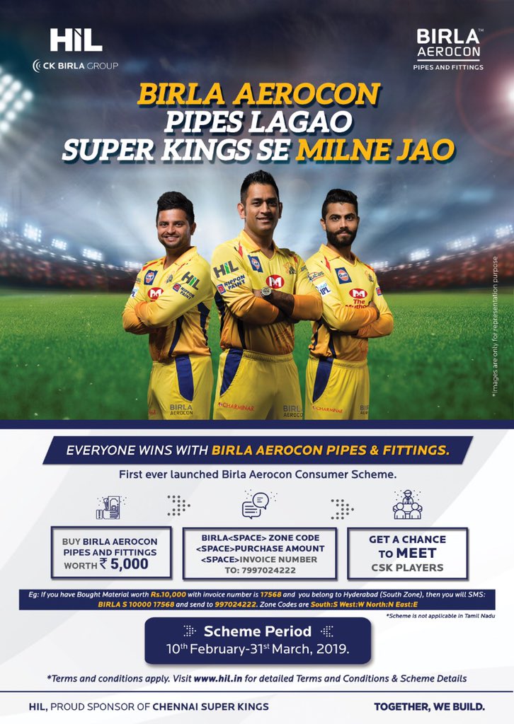 birlanu's tweet photo. HIL Contest Alert: Birla Aerocon has launched their first ever Consumer Scheme. Buy our most durable pipes and fittings during the scheme period and stand a chance to meet the CSK players! Visit your nearest retailer to know more!

#ConsumerScheme #BirlaAerocon https://t.co/S9iGHWmgZo
