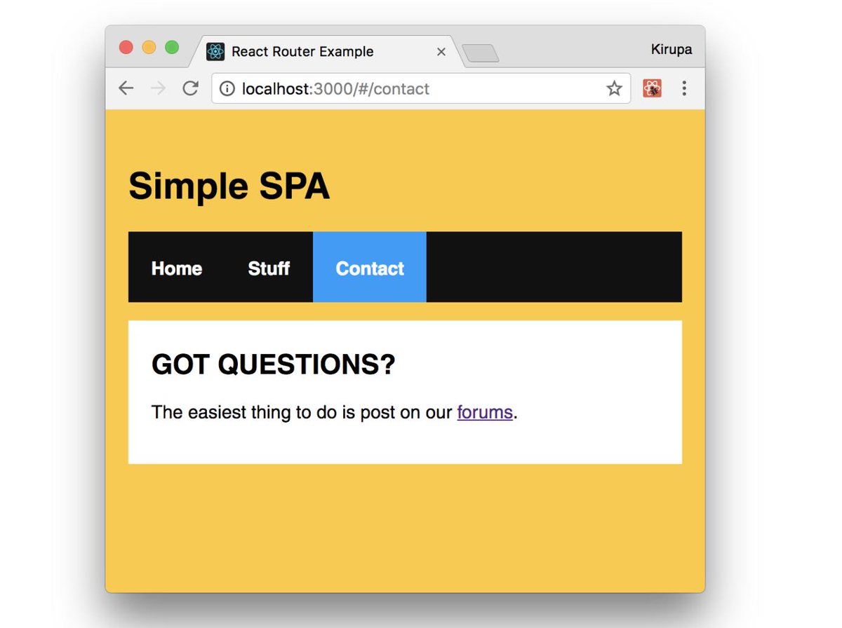 vykthur's tweet image. Pretty awesome tutorial on getting started building Single Page Applications (SPAs) with React by @kirupa . #Weekendhacking kirupa.com/react/creating… …