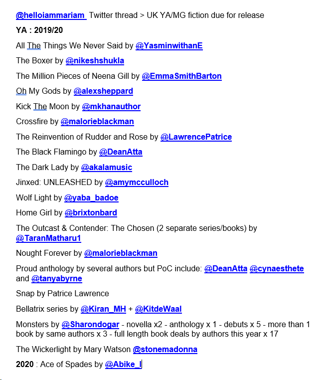 DiLeed's tweet photo. Thanks to @helloiammariam we have a starter list for BAME/Poc YA and MG fiction for release in 2019. So get ordering and reading! I'll update the list as more titles come my way. https://t.co/fLCIxYOsCR #ReflectingRealities #ReadTheOnePercent https://t.co/JvTqDcbnLN