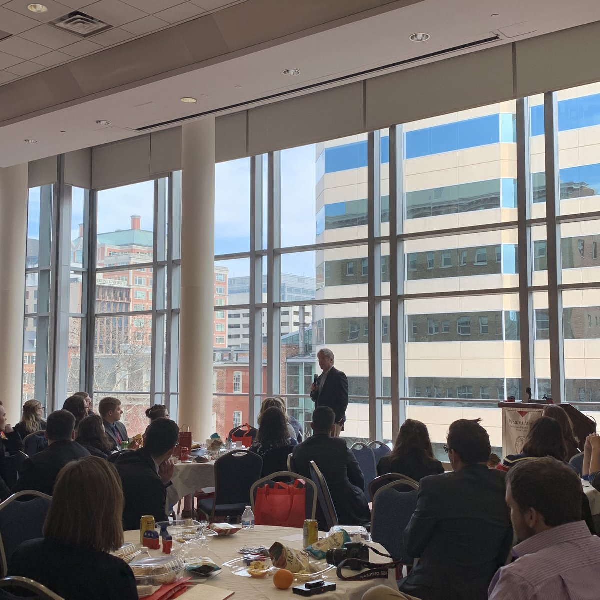GSPMgwu's tweet photo. During lunch at the @PSANational conference @MajorCBS is taking questions from students. #intheroom #onlyatgspm #PiSigmaAlphainDC https://t.co/tLpbYQeNPO