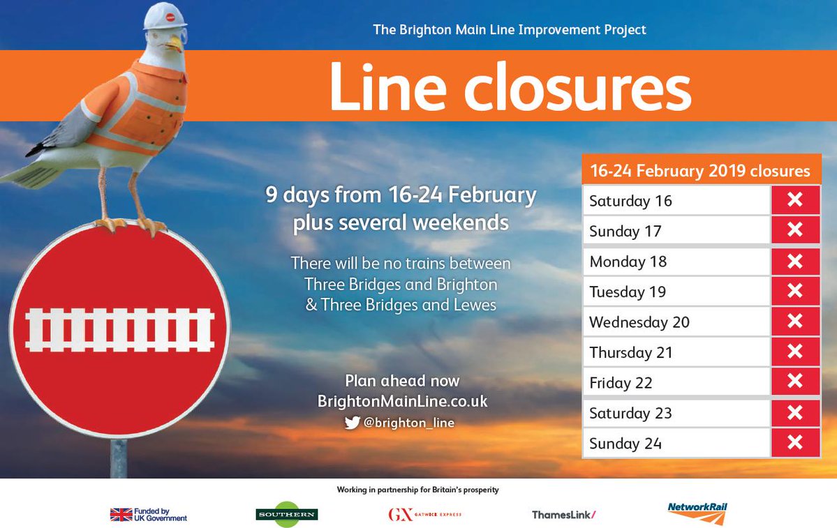 nationalrailenq's tweet image. ⚠️Major improvement work is taking place between Three Bridges and Brighton / Lewes from Saturday 16 to Sunday 24 February due to the #BrightonMainLine improvement project 🛠️👷‍♀️👷‍♂️

ℹ️Travel advice👉 twt.lt/xnbe 
🗺️Plan ahead👉nationalrail.co.uk