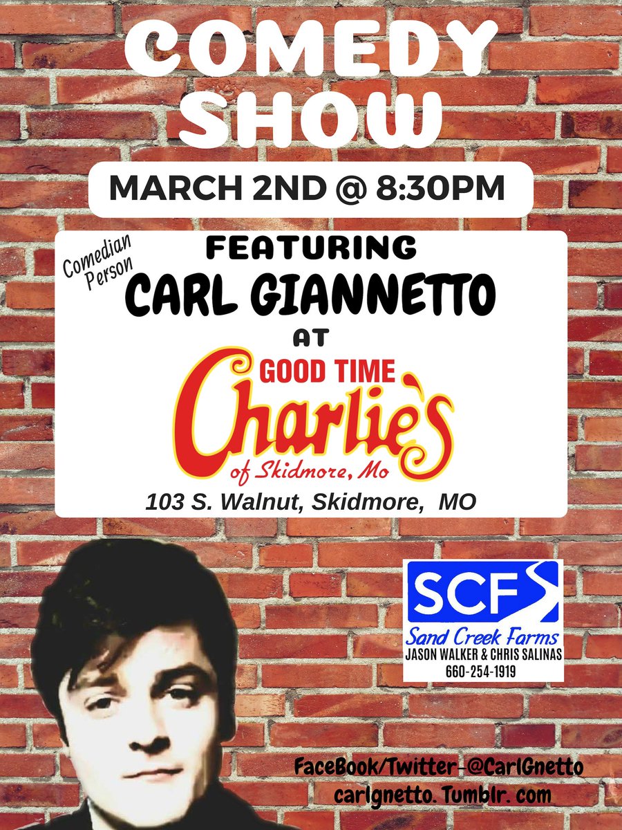 goodtime_skid's tweet photo. Comedian Carl Giannetto will be at Good Time Charlie's of Skidmore Missouri, March 2nd @ 8:30pm. Adults only/may contain explicit material https://t.co/XobnofYO0P