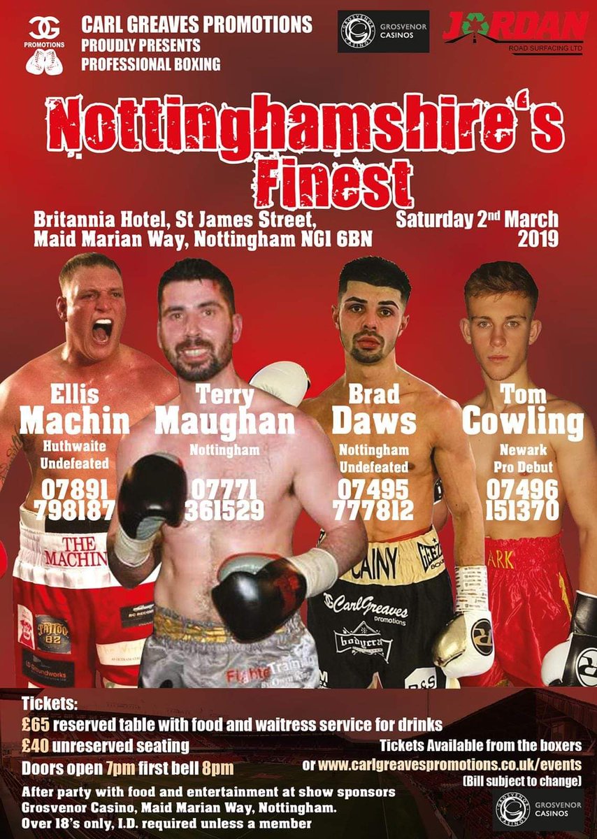 gbboxingvoice's tweet photo. 2 weeks till 'Nottinghamshire's Finest' @CarlGreavesPro putting Nottingham back on the boxing map featuring @BradDaws2 @EllisMachin3 @Team_Maughan and debutant Tom Cowling #CGP #supportYourLocalFighters after party @GCGNottingham
https://t.co/uE34U8mANU https://t.co/wjtZG5EN7y