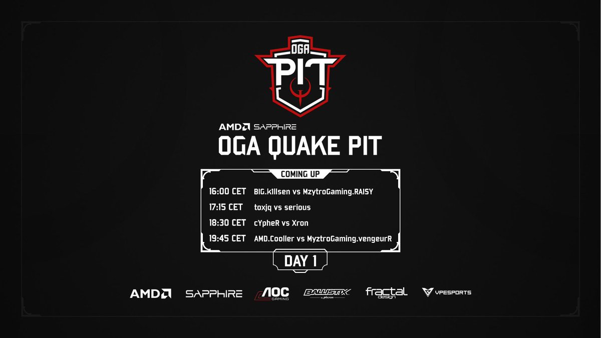 OGA Quake PIT 2 by AMD and Sapphire is starting in 40 minutes! The first game of the day is <a href="/k1llsen/">k1llsen</a> vs <a href="/myztroraisy/">Adrián Birgány</a>.

⏰ 16:00 CET
🎙️ @ThisisZoot &amp; <a href="/Jehar/">Jehar</a> 
📺 twitch.tv/ogaquakepit