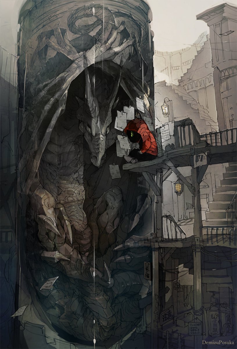 dragon stairs no humans building monster scenery outdoors railing  illustration images