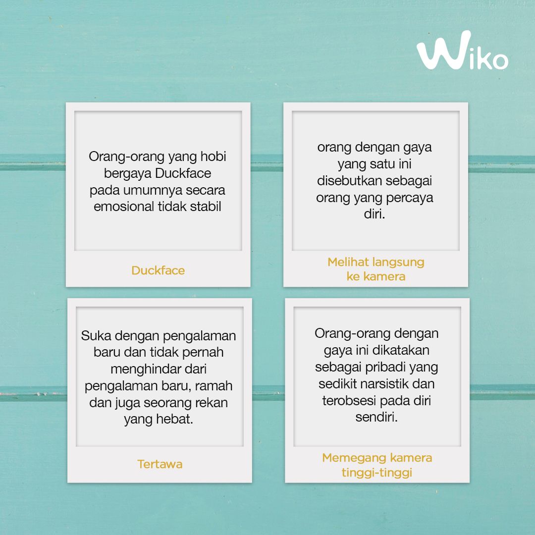 wikoindonesia's tweet photo. Tau gak sih kalau gaya selfie bisa mencerminkan kepribadian Wikonian? 

Kalau kamu suka pakai gaya selfie apa nih?
#WikoID https://t.co/tpKXk1XaGR