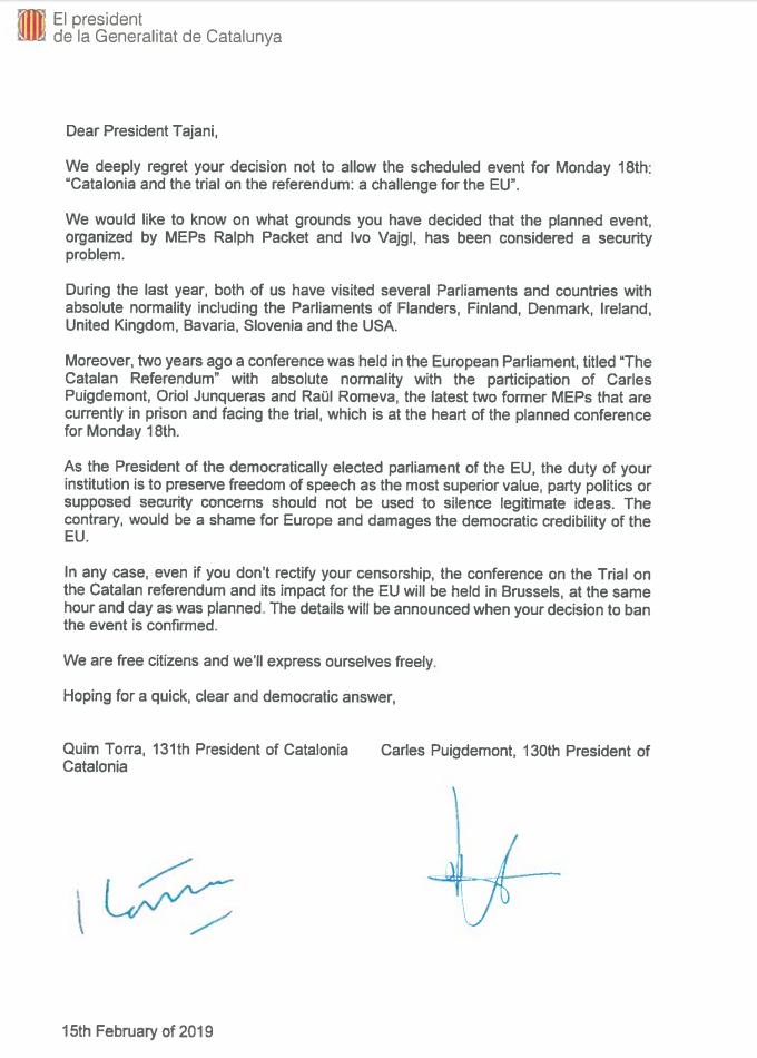 @Antonio_Tajani applies censorship and forbids to the President of Catalonia to speak in the @Europarl_EN . Pressures from Spain admitted by the vicepresident.
CENSORSHIP in a PARLIAMENT. (The EU! Parliament).