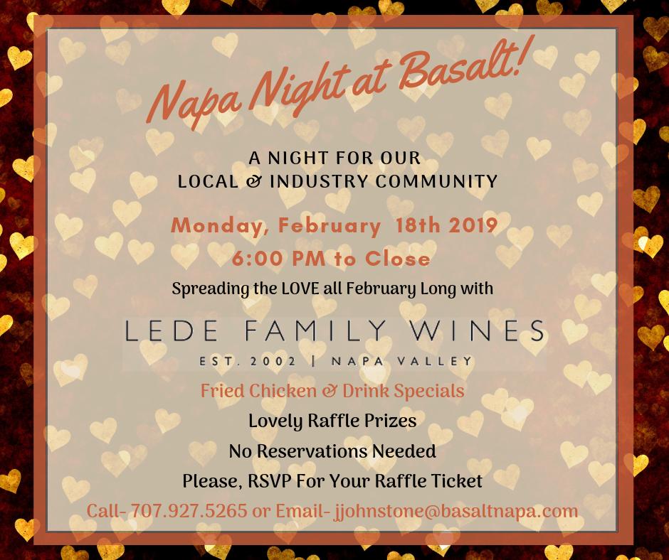 BasaltNapa's tweet photo. We are so happy to announce our February partnership with Lede Family Wines. Enjoy Wine Wednesday specials and our monthly Napa Night Event! RSVP for your Napa Night raffle ticket and watch out for more exciting details! https://t.co/oj0EZ3OWdC
