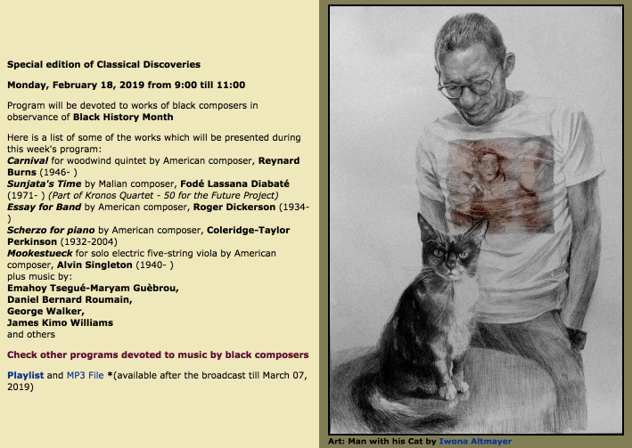 MarvinRosen's tweet photo. Join #ClassicalDiscoveries for #BlackComposers special@ https://t.co/NzdmHGVKB3 this Monday 02/18/19, 9-11am & each Wednesday 5-11am-program devoted to lesser known music from around the world @innovadotmu @parmarecordings @Tzadik_label @MSR_Classics @kronosquartet @elecviola https://t.co/M1bkVazpCm