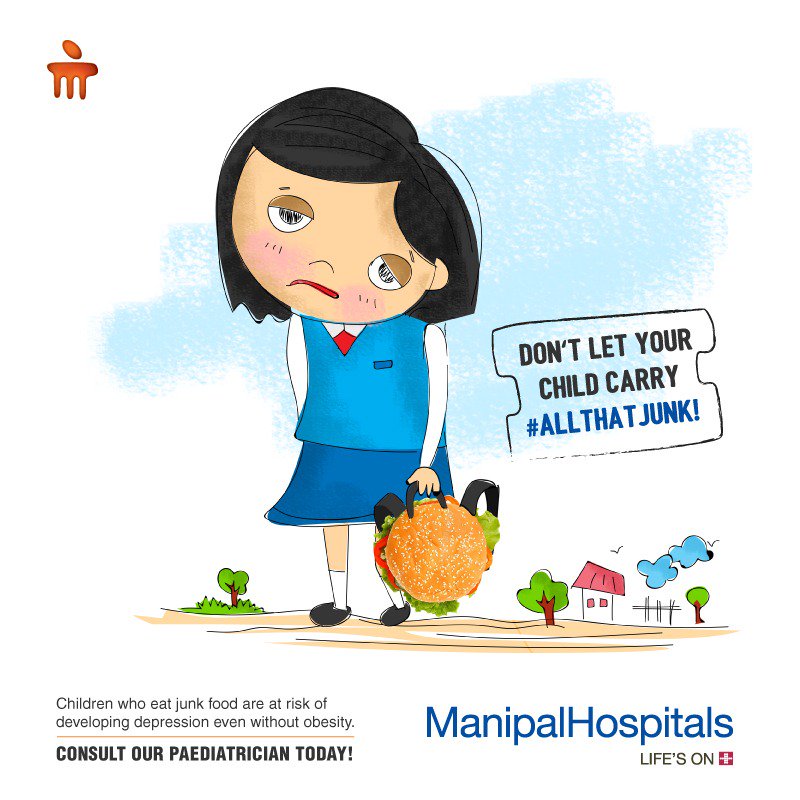 ManipalHealth's tweet photo. Unhealthy foods might taste extremely good, but they also inadvertently affect your child's mental without notice due to the high glycemic index (GI), refined sugar and refined starch! #YourManipal #AllThatJunk #LifesOn https://t.co/zVdes6T609