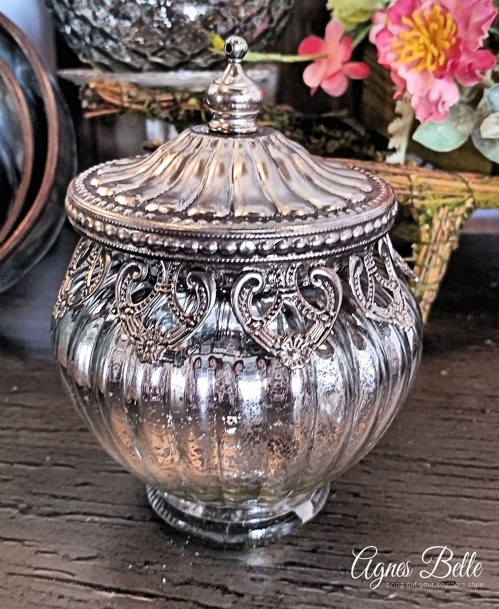 Add a little personality and shine to your vanity with this small mercury glass jar.
.
#agnesbellevp #vintageparkhouston #gifts #giftideas #giftsforher #mercuryglass #giftwrapping #blingdecor