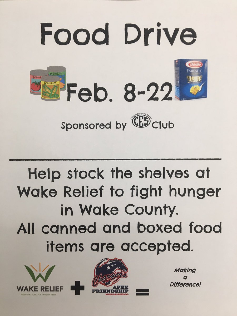 AllisonRatclif3's tweet photo. As you are heading to the grocery store this weekend, please considering grabbing some donations for our Food Drive. We are collecting through February 22! @AFMSChargers #CESclub #YouAreNeverTooYoungTooChangeTheWorld https://t.co/DzYzn4cV6L
