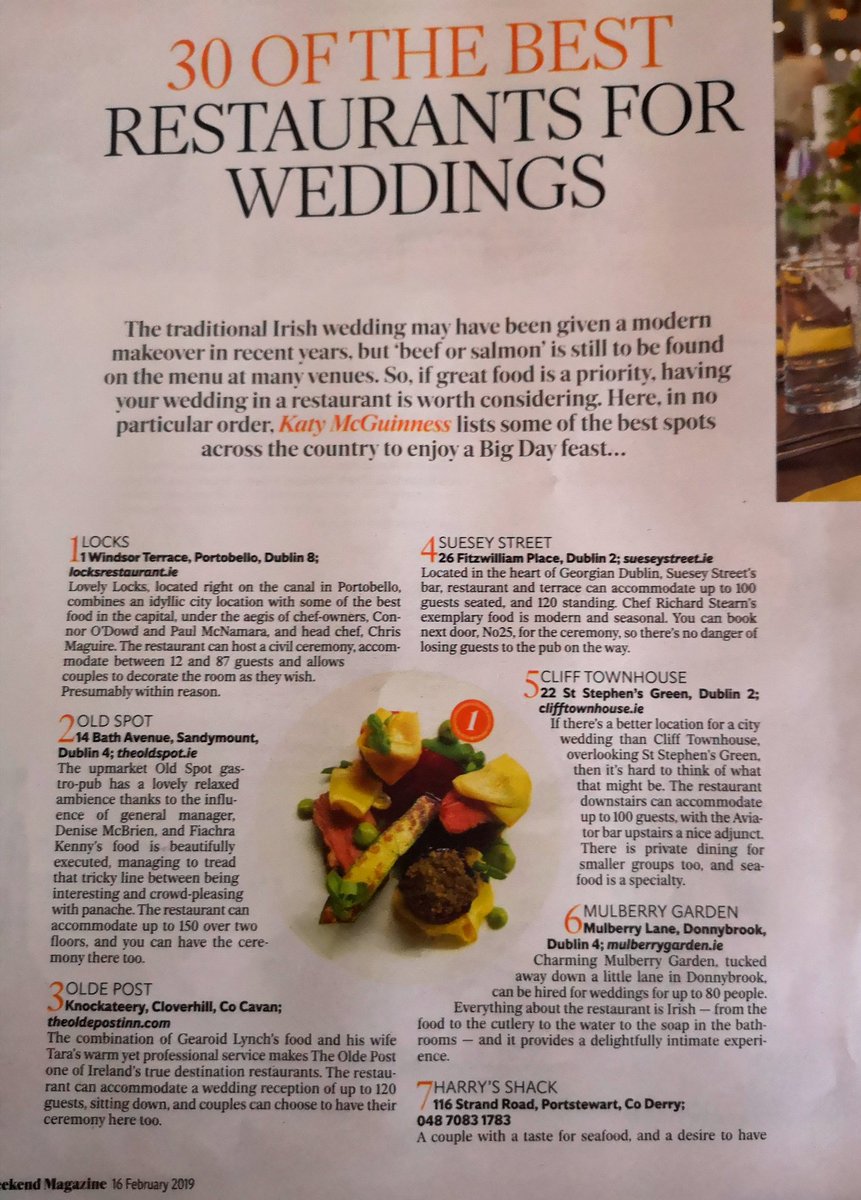OldePost's tweet photo. Thank you @katymcguinness for the mention in the @IndoWeekend as one of the 30 best #restaurants for #weddings in Ireland, alongside great company with the best of the best! A must read for Brides and Grooms to be #indoweekend #bridetobe #bride #weddingsireland https://t.co/vRKAqbANPB