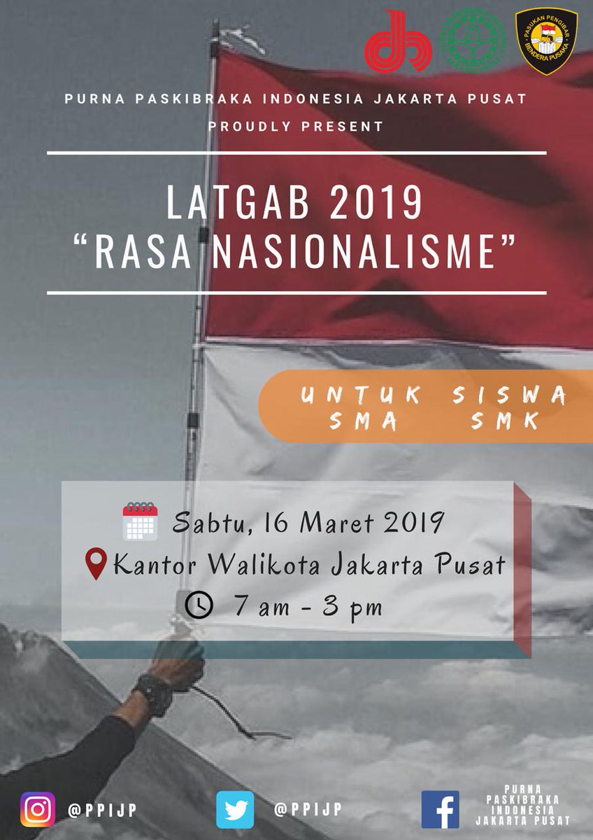 Salam Paskibraka!
Hai pemuda pemudi bangsa!🇮🇩
PPI Jakarta Pusat bekerja sama dengan Sudin Pora Jakarta Pusat akan melaksanakan kegiatan tahunan kami yaitu Latihan Gabungan (LATGAB) 2019 yang akan dilaksanakan pada  Sabtu, 16 Maret 2019 di Kantor Walikota Jakarta Pusat.
-Part 1-