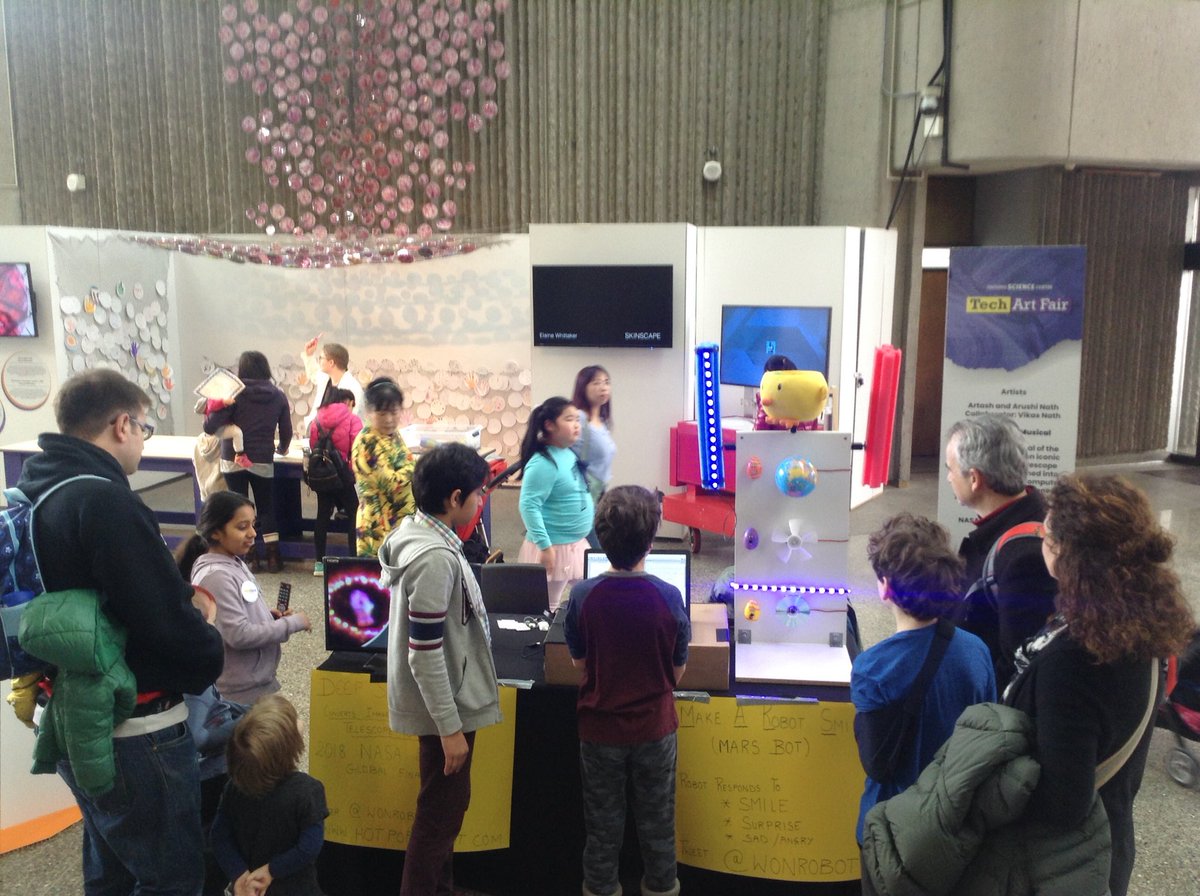 wonrobot's tweet photo. Great turnout for our installations at @OntScienceCtr Meet the #AI Robot that can detect your facial emotions and smile with you. And checkout our NASA @spaceapps global finalist project which creates music from deep space photographs! #techartfair https://t.co/5Cy0HtBTWj