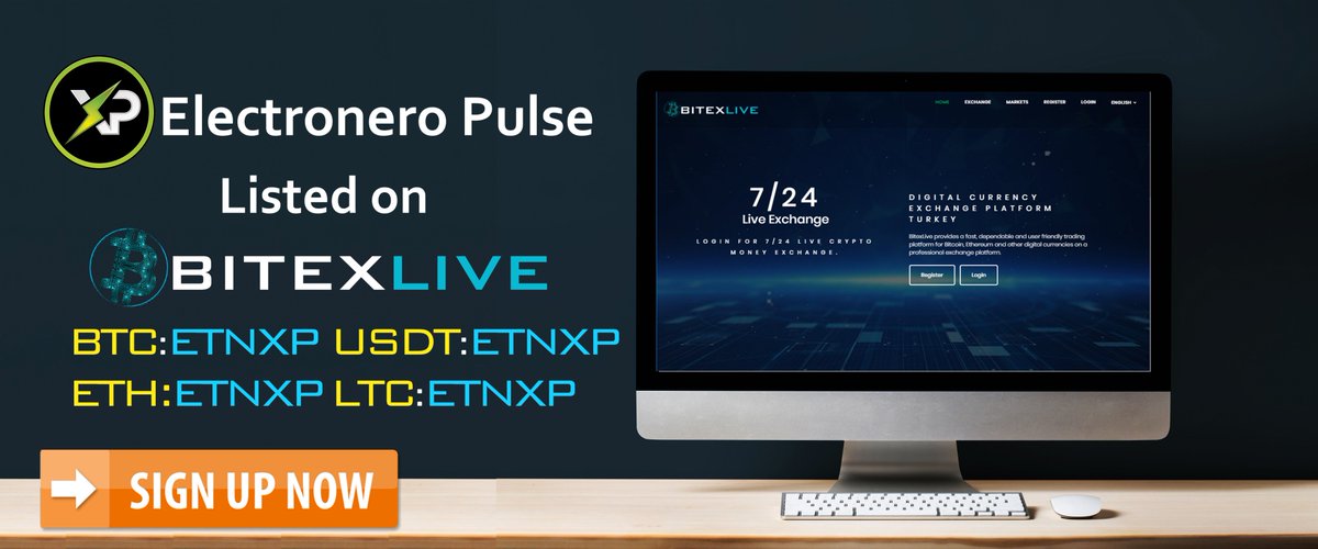📢🎉👏 ElectroneroPulse(ETNXP) is listed on <a href="/bitexlive/">Bitexlive</a> 
You can trade with BTC, USDT, ETH and LTC  pair

bitexlive.com/exchange/BTC-E…
bitexlive.com/exchange/USDT-…
bitexlive.com/exchange/ETH-E…
bitexlive.com/exchange/LTC-E…

<a href="/ElectroneroXP/">ElectroneroPulse</a> #ETNXP #bitexlive #bitcoin  #btc  #eth  $USDT $BTC $ETH  $ETNXP