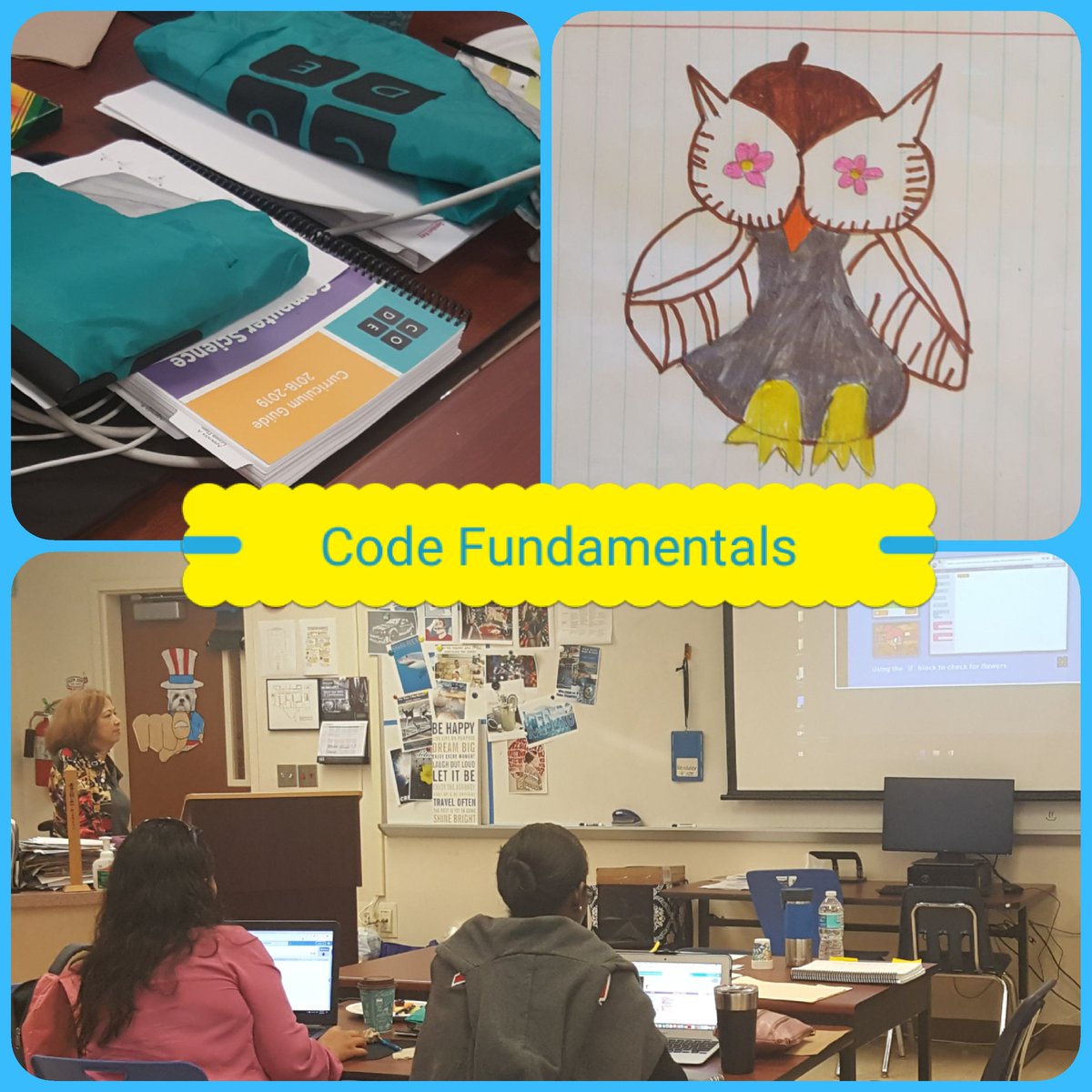 AMsky43's tweet image. How do you know a WPB location warmly welcomes you & local Ts to the @TeachCode #CSFundamentals PD? A beautiful owl drawing graces your room 🦉😎