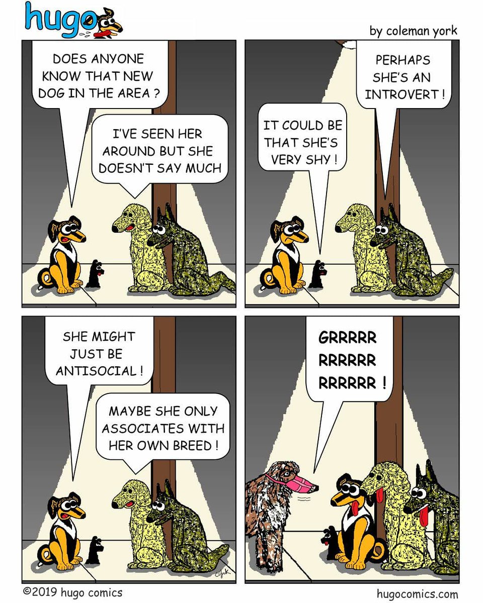 HugoComics's tweet image. Hugo and the boys can't figure out why the new dog won't speak to them.
@HugoComics