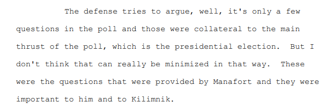 j363j's tweet photo. Proof of #TrumpRussiaCollusion in the #PaulManafort #SentencingMemo:

"These were the questions that were provided by Manafort and they were important to him {Manafort, future Trump Administration Spokesman} and to Kiliminik." https://t.co/JnQdBJL4SO