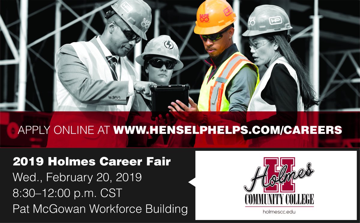 HenselPhelps's tweet photo. Holmes Bulldogs!! Hensel Phelps will be at the Holmes Career Fair @HolmesCC on Wednesday, February 20 from 8:30 AM–12:00 PM. Stop by our booth, in the Pat McGowan Workforce Building, to learn about internship and career opportunities with Hensel Phelps! #PlanBuildManage https://t.co/YNh8bK7ZWP
