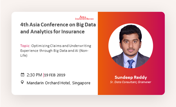 Gramener's tweet photo. Gramener's Sr. Data Consultant, Sundeep Saireddygari, will be speaking at the 4th #Asia #Conference on #BigData and #Analytics for #insurance on "how Big Data & Analytics can revolutionize the Insurance #Management sector and deliver great #CX." #airbigdata #DataAnalytics https://t.co/YEhJawPDiO