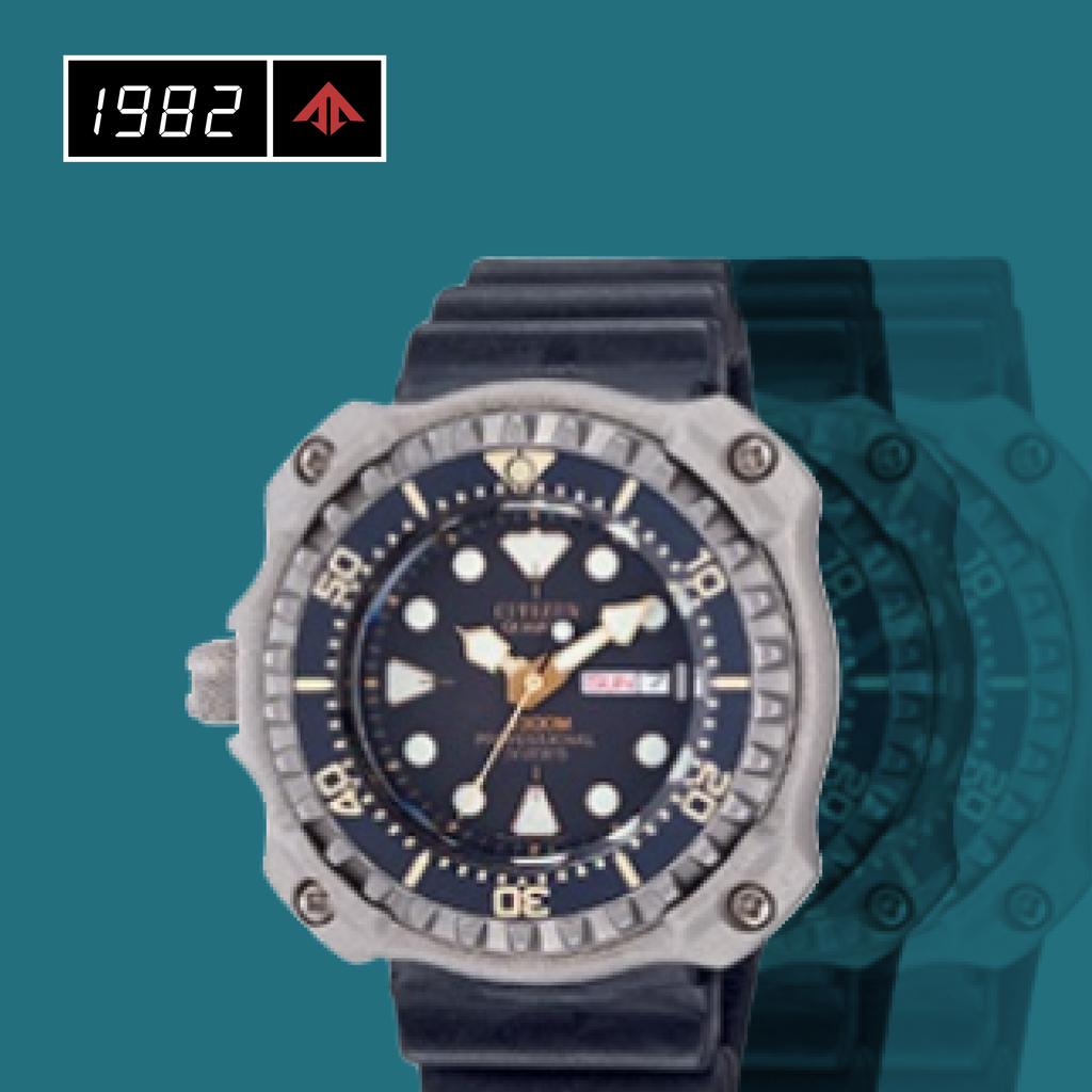 CitizenWatchUS's tweet photo. #TurnBackTime to 1982: At the time of its release, the Citizen Professional Diver was the first diver’s sport watch to achieve water resistance at a depth of 1,300 meters. #Promaster30 #MyCitizen #CitizenPromaster #GoDeeper #DiveWatch https://t.co/1TwMZTqeTx