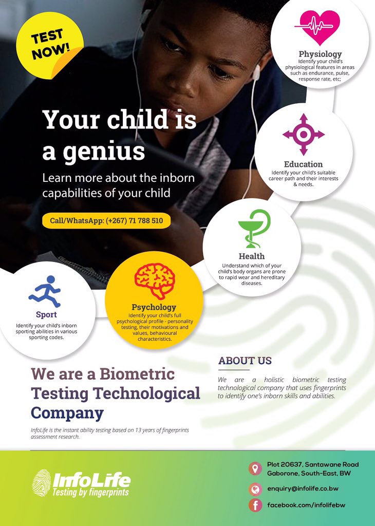 infolifebw's tweet image. The only reason why most people fail to reach a high level of excellence is as a result of a lack of childhood development. By that said, let us identify your child’s skills, talents and capabilities as early as now! #TheKeyToSuccessIsOnYourFingerprints #FingerprintTest
