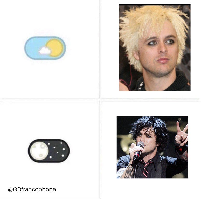GDfrancophone's tweet photo. Mode jour ou mode nuit ?

#GreenDay #billiejoearmstrong #greendaymeme https://t.co/0pE4KLHyWP