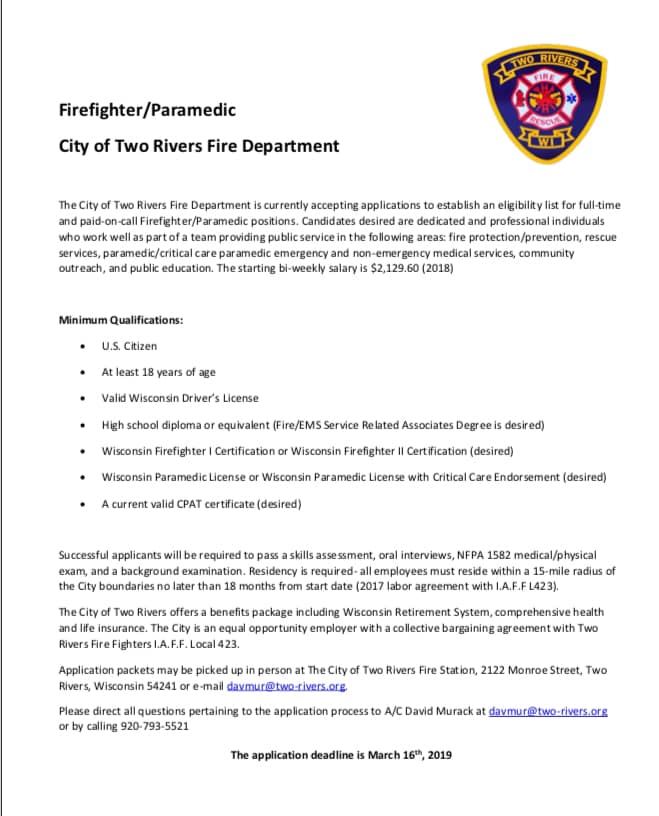 TwoRiversWiscon's tweet image. The City of Two Rivers Fire Department is accepting applications for Full Time and Paid-on-Call #Firefighter/#Paramedics. 

#TRFD #tworiverswi #fireman #paramedic #saturdaymorning #wisconsin #wisconsinlife #travelwi #discoverwi #saturdaythoughts #smalltown #lakemichigan #firemen