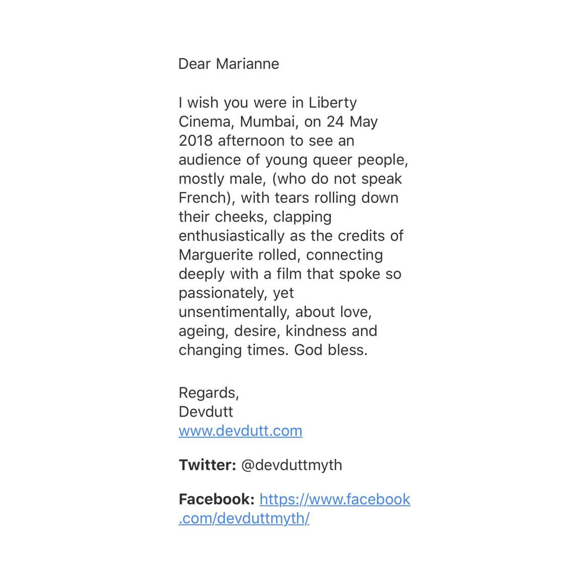 This email was sent to director Marianne Farley by Indian author <a href="/devduttmyth/">Devdutt Pattanaik</a> after a screening of #MargueriteShortFilm in Mumbai, at a time where homosexuality was still criminalized in India. 😢🇮🇳 🏳️‍🌈 #LGBTQ 

Thank you Devdutt for this email; you made us cry out here! 🌼