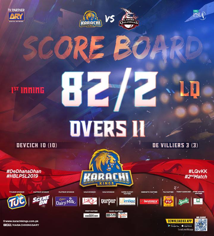 KarachiKingsARY's tweet photo. #MatchUpdate of #LQvKK #2ndMatchβ 1st inning
#DeVilliers β 3 (3)
#Devcich β 10 (10)
#KarachiKings #KingsRoar #DeDhanaDhan #KarachiKingsKaZorInPSL4 #HBLPSL2019 #HBLPSL #Season4 #Dubai https://t.co/nxWhlbOzvt