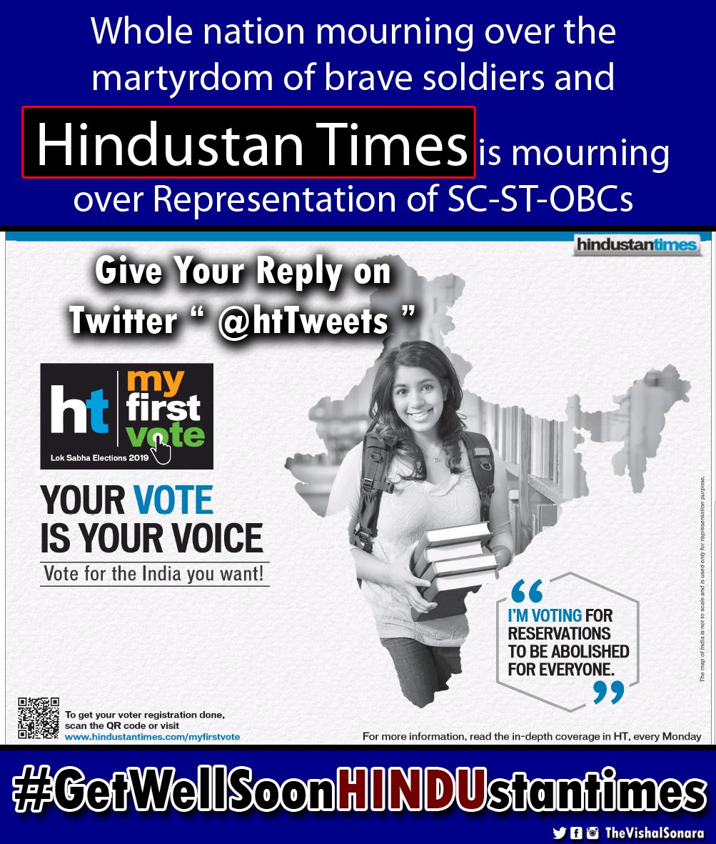 Whole nation mourning over the 
martyrdom of brave soldiers and 
Hindustan Times is mourning over Representation of SC-ST-OBCs. #GetWellSoonHINDUstantimes <a href="/htTweets/">Hindustan Times</a>