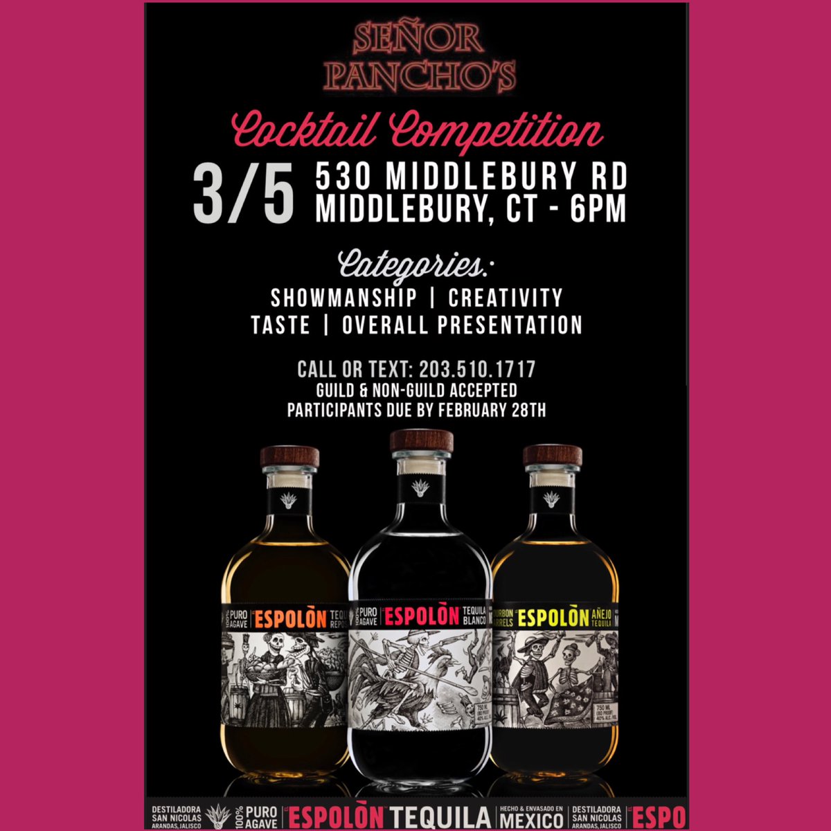 SenorPanchos_CT's tweet photo. Our Cocktail Competition is BACK!!! Sign up TODAY! Call or Text 203.510.1717 for more information!! #203local #ct #señorpanchos #ctmixmaster #senorpanchos #espolon #espolontequila #competition #barcompetition https://t.co/4IkRXA45DU