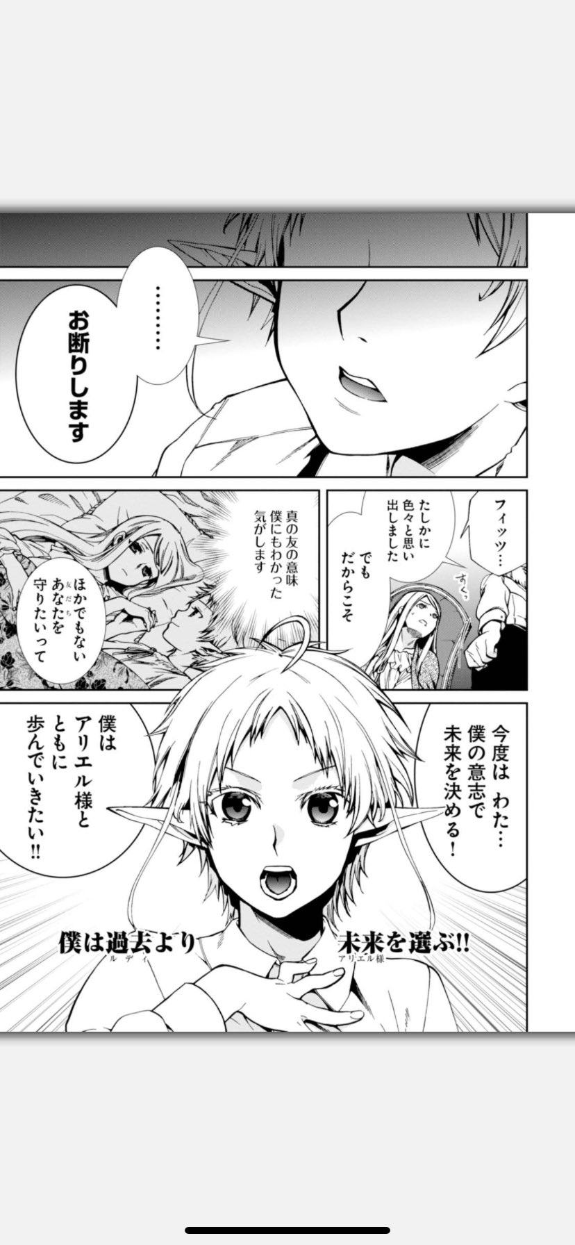 八神じゅん 無職転生のマンガ8巻のこのシーン フィッツがいろいろ思い出したからこれから先にあることに巻き込みたくないから護衛の任を解くっていうアリエルに対してのこのセリフ何が最高かってそりゃ過去と未来にふられたルビだよね T Co