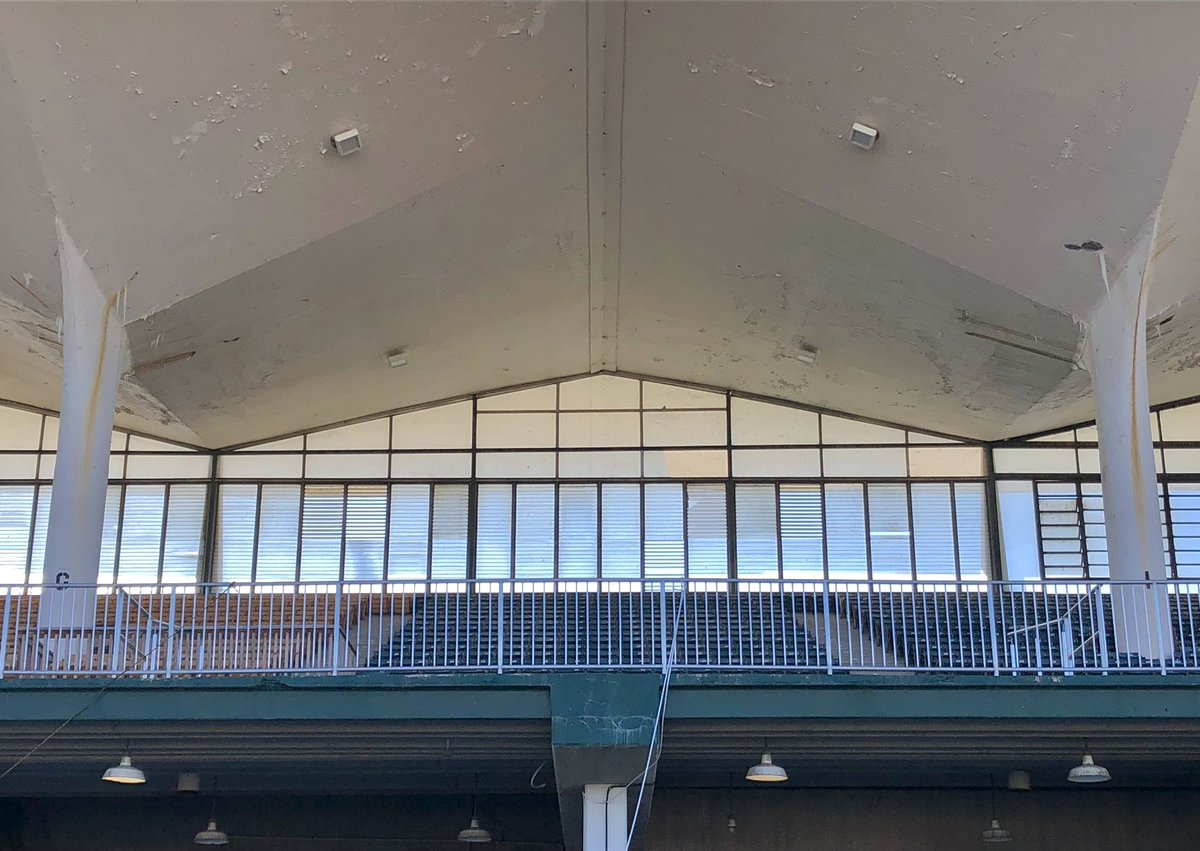 More detail of the press box and the incredible concrete roof structure, which has seen better days. The racetrack was nominated for the 1959 Outstanding Civil Engineering Achievement but came in 2nd behind the St. Lawrence Seaway, which was opened the same year.