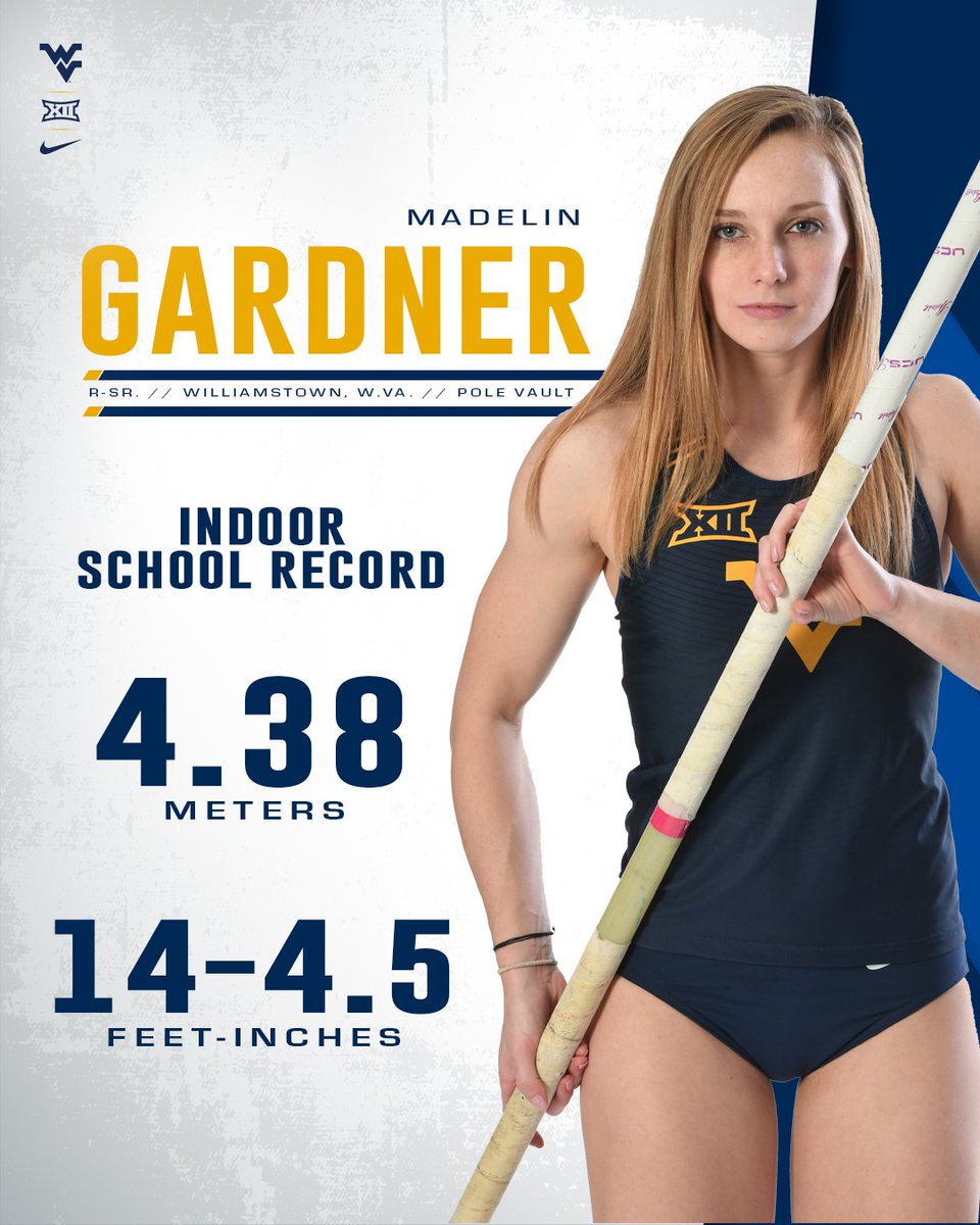 WVUXCTF's tweet photo. 🚨 INDOOR SCHOOL RECORD!! 🚨

Madelin Gardner jumps 4.38 meters (14-4.5) to win the women's pole vault at the Penn State Tune-Up!! The marks tops Gardner's previous indoor best of 4.37m from 2018. #HailWV https://t.co/OczY2noMAi