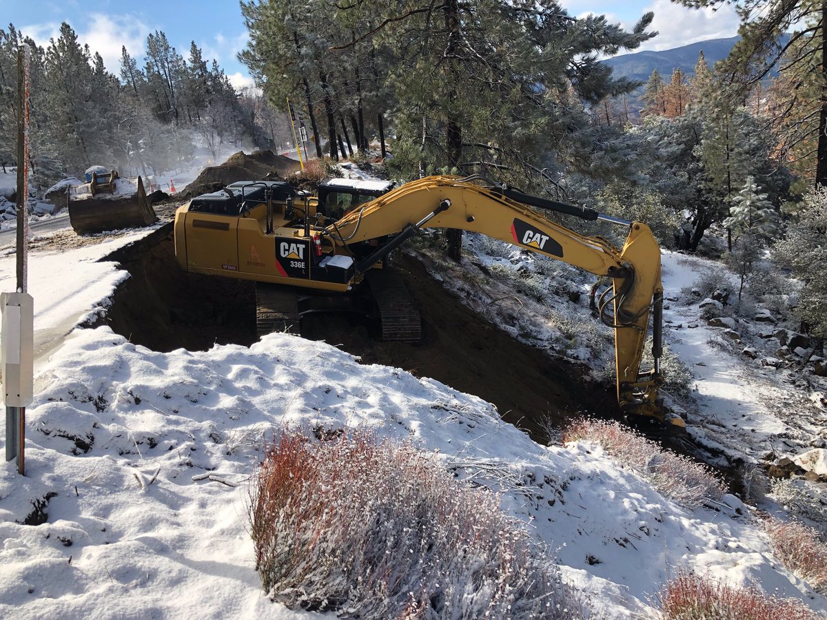 Caltrans8's tweet photo. Ames Construction working under Caltrans emergency contract today to restore SRs 74 and 243 #Caltrans8 https://t.co/Oscw5Sh39Q