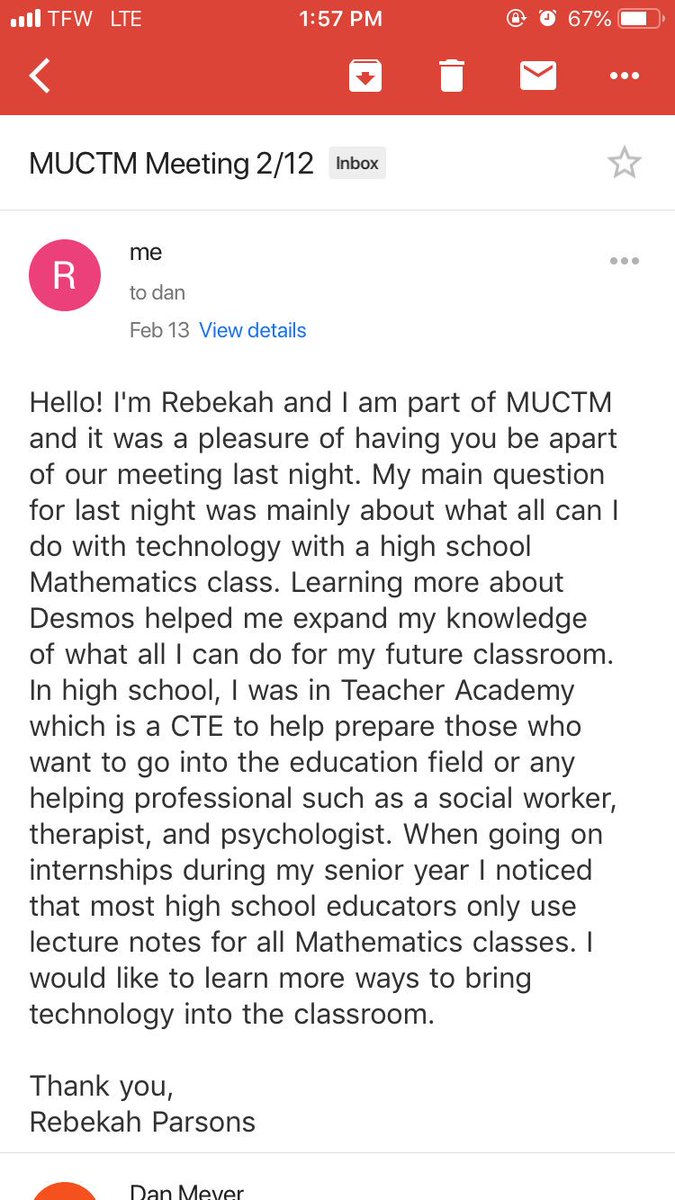 Crazy_Redneck18's tweet photo. So Tuesday night I virtually got to meet Dan Meyer thanks to MUCTM and got to learn more about how to bring technology into a high school Mathematics class. I thought I would email him about how learning about Desmos helped answer my question, and he replied back!😁😁😁 https://t.co/SMwXjtOdAy